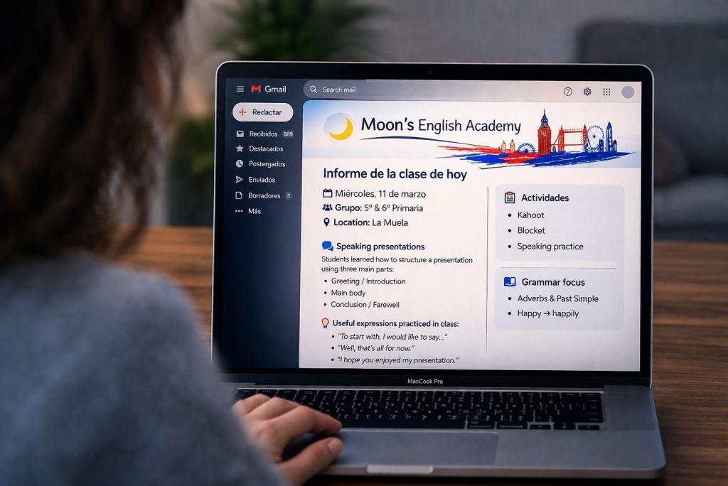 Plataforma de informes diarios de Moon's English Academy para familias